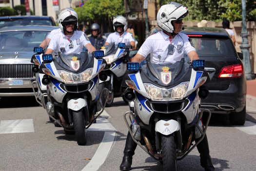 Monte-Carlo, Monaco - May 28, 2016: Four Motorcyclists of the Monaco Police during the Monaco Formula 1 Grand Prix 2016