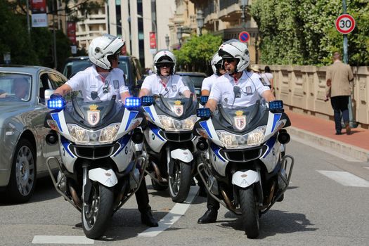 Monte-Carlo, Monaco - May 28, 2016: Four Motorcyclists of the Monaco Police during the Monaco Formula 1 Grand Prix 2016
