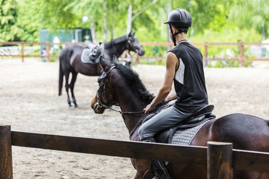 male athlete rides on horse, exercise outdoors