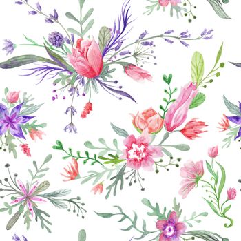 Seamless romantic country provence texture with wild flowers and herbs on white background