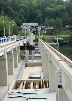 View to the technical equipment of water dam Slapy in Czech Republic.