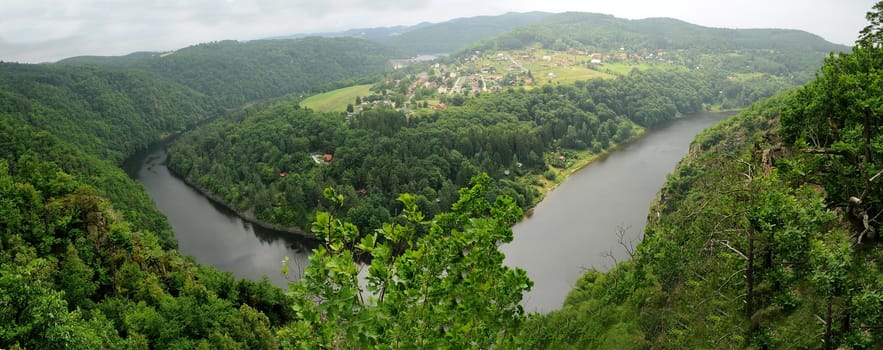 Panorama view from Bednar hill on the Vltava river and Slapy dam.