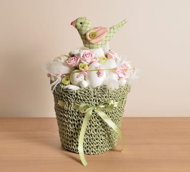 The spring decoration placed on the wood desk.