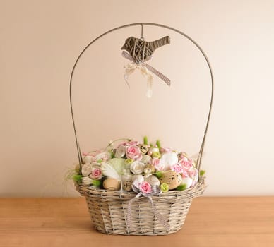 The spring decoration placed on the wood desk.