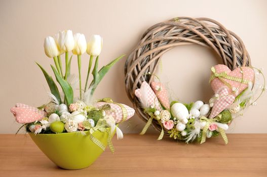 The spring decoration placed on the wood desk.