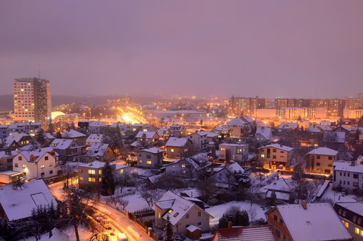 View to the night small district in big city Prague, Czech Republic.