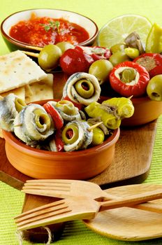 Delicious Spanish Snacks with Stuffed Small Peppers, Anchovies, Green Olives, Bread Sticks and Tomatoes Sauce in Various Bowls with Wooden Forks closeup on Green Napkin