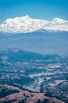 View on the Himalayas from Bandipur in Nepal. Film emulation filter applied.