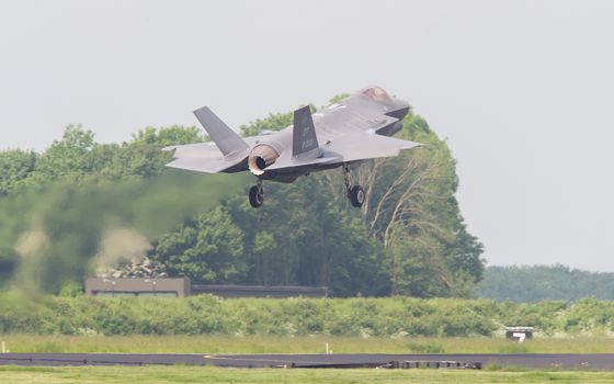 LEEUWARDEN, THE NETHERLANDS -MAY 26: F-35 fighter during it's first test in Europe on May 26, 2016 in Leeuwarden. It is the world's most advanced multi-role fighter.
