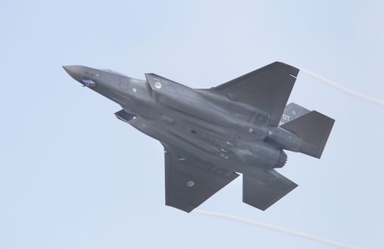 LEEUWARDEN, THE NETHERLANDS -MAY 26: F-35 fighter during it's first test in Europe on May 26, 2016 in Leeuwarden. It is the world's most advanced multi-role fighter.