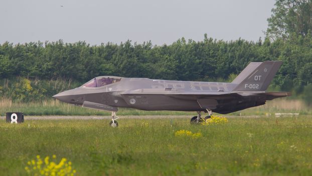 LEEUWARDEN, THE NETHERLANDS -MAY 26: F-35 fighter during it's first test in Europe on May 26, 2016 in Leeuwarden. It is the world's most advanced multi-role fighter.