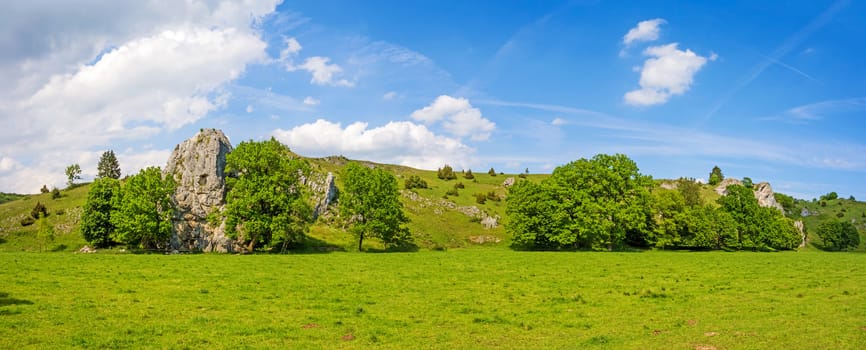 Valley Eselsburger Tal panorama - impressive rocks near river Brenz - jewel of the swabian alps