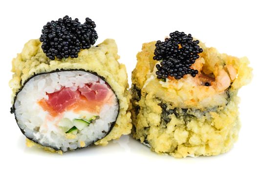 Tempura hot fried sushi maki with tuna, salmon, avocado, cucumber and cream cheese, topped with black tobiko, isolated on white background