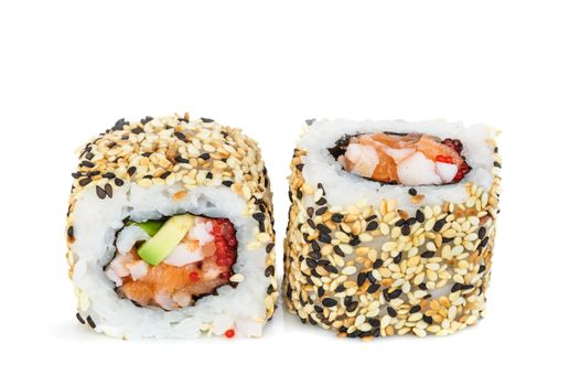 Uramaki maki sushi, two rolls isolated on white. Philadelphia cheese, crab meat, salmon, tobiko, avocado and sesame