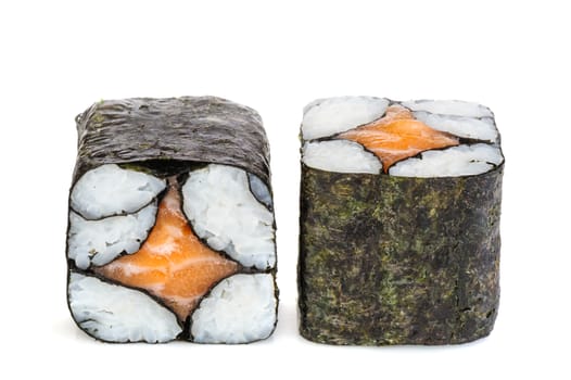 Simple maki sake sushi, two rolls isolated on white. Just rice, nori and salmon in center romb star shaped.