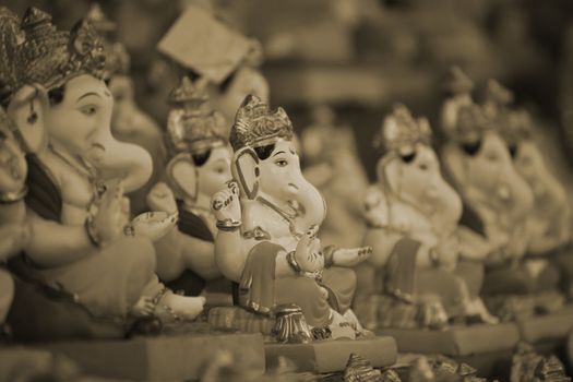 Beautiful traditional lord Ganesh idols lined up during Ganesh festival in India.