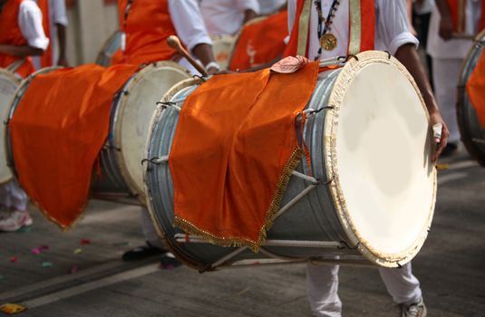 Traditional percussion instruments called drums used in a Ganesh festival procession like it has been for many years.