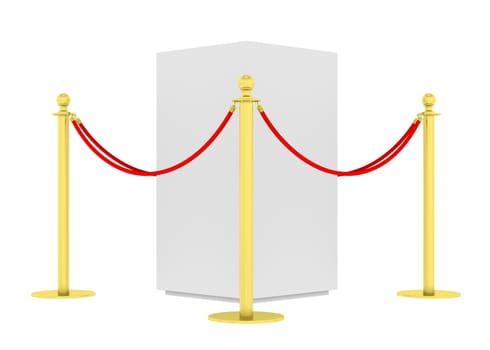 Golden fence, stanchion with red barrier rope, isolated on white background. 3D illustration