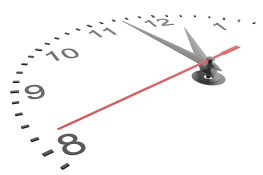 Closeup of hands on clock face. Isolated. 3D illustration