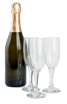 Champagne bottle and three champagne glasses isolated on white background