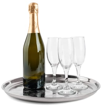 Champagne bottle and three champagne glasses on tray isolated on white background