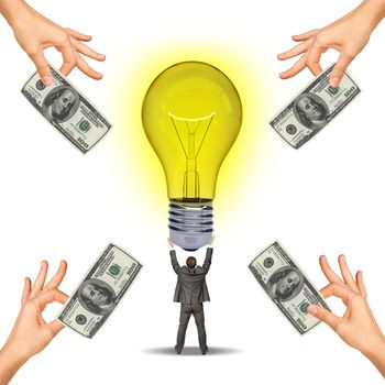 Idea concept with businessman holding light bulb and hands offering dollars