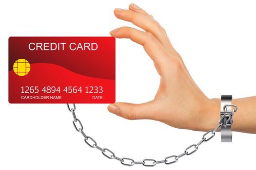 Closeup of red credit card holded by chained hand isolated on white background