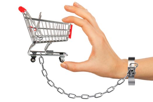 Chained hand holding shopping cart isolated on white background