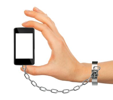 Chained female hand holding phone with blank screen isolated on white background