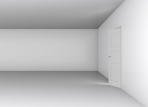 Open white door and blank wall, showroom. 3D illustration