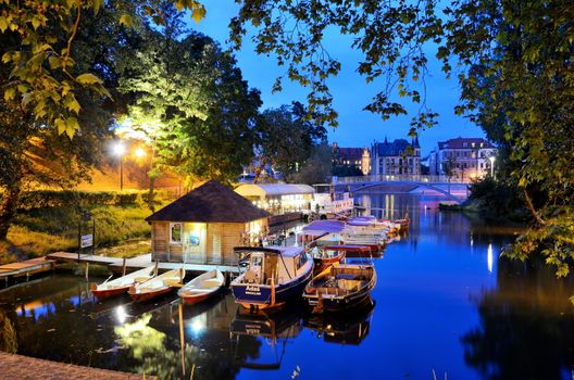 WROCLAW, POLAND - MAY 30: Gondola Bay by night at Odra river. In 2016 Wroclaw is European Capitol of Culture. 