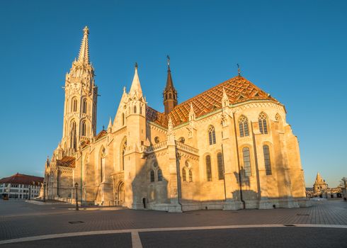 Sunlit Roman Catholic Matthias Church in Early Morning in Budapest, Hungary