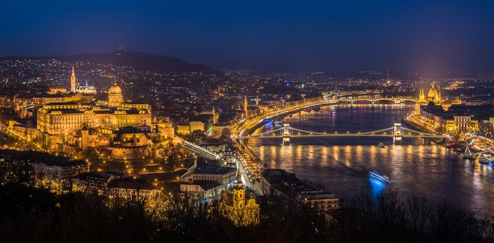 Panoramic View of Budapest with Street Lights and the Danube River at Twilight as Seen from Gellert Hill Lookout Point