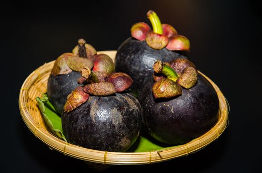 Mangosteen (Garcinia mangostana Linn) have purple skin and white flesh is most popular and has been dubbed the Queen of Fruits. Delicious mangosteen fruit arranged on a basket, Mangosteen flesh is fruit seasonal of Thailand.