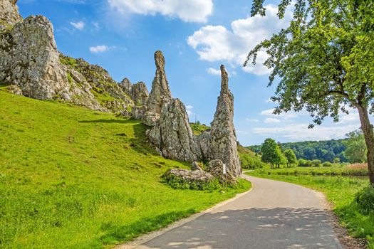 Rock formation "Steinerne Jungfrauen" in valley Eselsburger Tal near river Brenz - jewel of the swabian alps, meadow in front