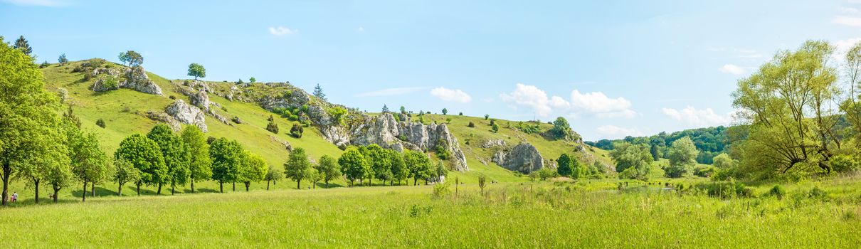 Panorama of valley Eselsburger Tal near river Brenz - jewel of the swabian alps (Schwaebische Alb), green meadow / grassland in front