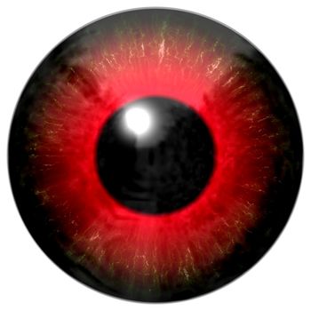 Illustration of a red eye with light reflection on a white background.