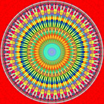 Colorful Mandala circle on a red background.