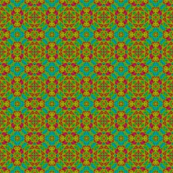 Kaleidoscope seamless abstract colorful background with star and circle shapes.