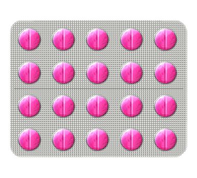 Illustration of a pink antibiotic pills in a bubbly blister pack isolated on a white background.