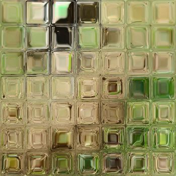 The green and brown tiles from the shiny colorful glass blocks.