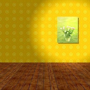 Empty room with yellow wall, wooden background and hook picture. Illustration.