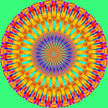 Colorful mandala circle on a green background.