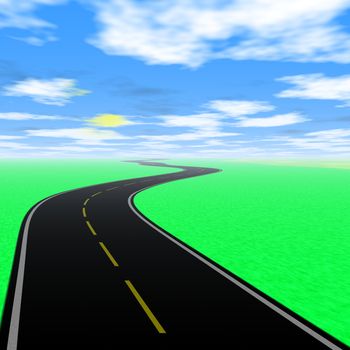 Empty road landscape with green land and blue sky. Generated illustration.