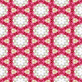 Pink white decorative kaleidoscope mosaic with star shapes and pink ribbons.