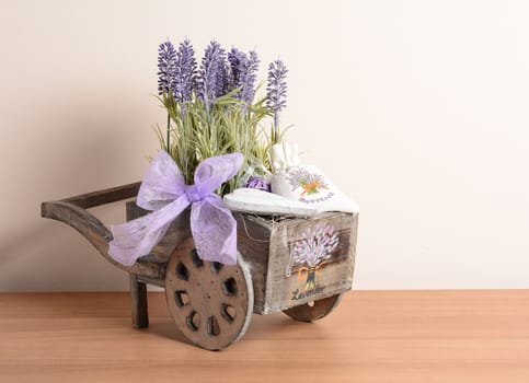 Interior decoration, decorative wooden cart with Lavender.