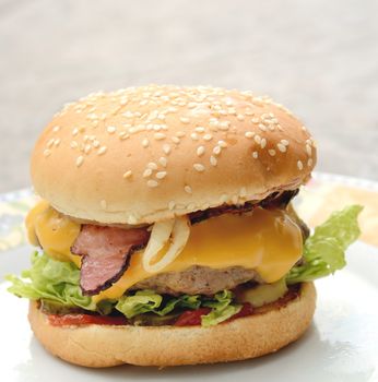 Home made hamburger with beef meat on the plate.