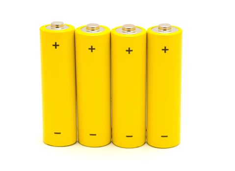 Row of yellow AA batteries on a white background.