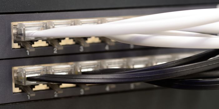 Plugged white and black telephone patch cords to the patch panel