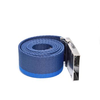 Blue rolled belt placed on a white background. Belt is made from polyester and it has metal buckle and two shades of blue color.